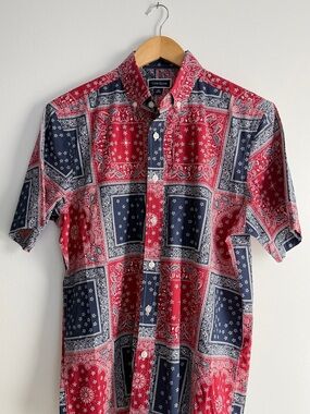Club Room Red and Navy Patchwork Bandana Short-Sleeve Button-Down